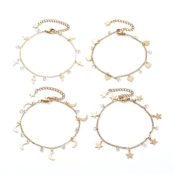 Brass Clear Cubic Zirconia Curb Charm Bracelets, Mixed Shape, Golden, 7-1/2 inch(19~19.5cm)