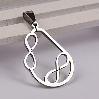 Drop with Infinity 201 Stainless Steel Pendants, Stainless Steel Color, 34x22x1.5mm, Hole: 4x9mm