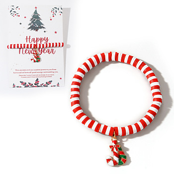 Elegant Christmas Handmade Polymer Clay Heishi Beaded Stretch Bracelets, Enamel Charm Bracelets for Women, Candy Cane, 6-7/8 inch(17.5cm)