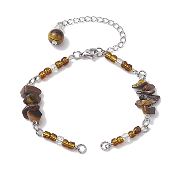 Natural Tiger Eye Chips & Handmade Seed Beads Bracelet Making, with 304 Stainless Steel Ends Chains, 7 inch(17.9cm)