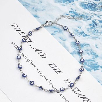 Christmas Brass Evil Eye Enamel Link Chain Anklets for Women, Platinum, Midnight Blue, 8-1/4 inch(210mm)