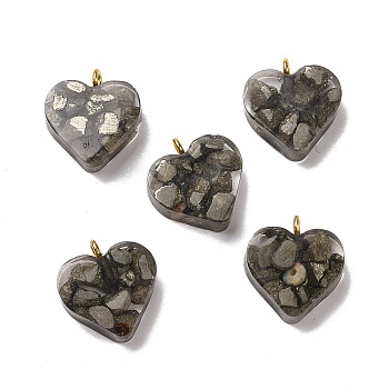Transparent Resin Natural Chalcopyrite Jasper Dyed Chips Pendants, with Golden Tone Brass Loops, Heart Charm, Coffee, 16.5x15.5x6~6.5mm, Hole: 2mm