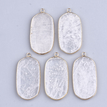 Natural Quartz Crystal Pendants, Rock Crystal Pendants, with Brass Findings, Oval, Golden, 47x23x4mm, Hole: 2mm