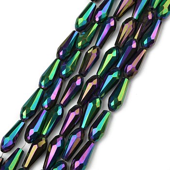 Electroplate Glass Beads Strands, Half Plated, Faceted, Teardrop, Green Plated, 15x6mm, Hole: 1mm, about 50pcs/strand, 28.3 inch(72cm)