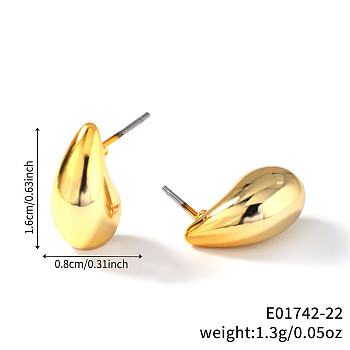 Geometric Shiny Plastic Stud Earrings, Golden, Teardrop, 16x8mm