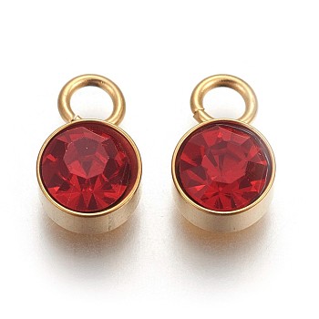 Glass Rhinestone Charms, July Birthstone Charms, with Golden Tone 201 Stainless Steel Findings, Flat Round, Light Siam, 10x6x4mm, Hole: 2.3mm
