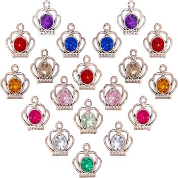 UV Plating ABS Plastic Pendants, with Acrylic Rhinestone, Faceted, Crown, Light Gold, Mixed Color, 19x19x7mm, Hole: 2mm, 100pcs/box