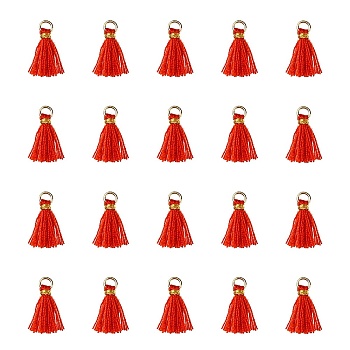 Polycotton(Polyester Cotton) Tassel Pendant Decorations, Mini Tassel, with Iron Findings and Metallic Cord, Red, 10~15x2~3mm, Hole: 1.5mm