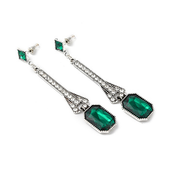 Rhinestone Rectangle Dangle Stud Earrings, Antique Silver Alloy Long Drop Earrings for Women, Emerald, 80mm, Pin: 0.8mm