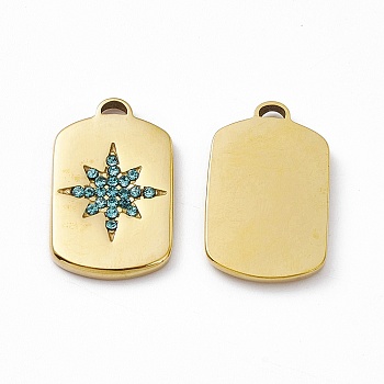 Vacuum Plating 201 Stainless Steel Pendants, with Rhinestone, Real 18K Gold Plated, Oval Rectangle with Star Charms, Aquamarine, 20.5x12.5x2mm, Hole: 1.4mm