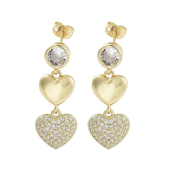 Heart Brass with Cubic Zirconia Dangle Stud Earrings, Long-Lasting Plated, Lead Free & Cadmium Free, Real 18K Gold Plated, 32.5x13mm
