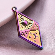 304 Stainless Steel Pendants, Rhombus with Sun & Moon & Star Charm, Rainbow Color, 26x14mm(PW-WG4ABE9-03)