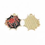 Rack Plating Halloween Alloy Enamel Pendants, Cadmium Free & Nickel Free & Lead Free, Spider Web with Spider, Light Gold, Red, 20.5x20.5x1.5mm, Hole: 1.6mm(FIND-G054-16LG-01)