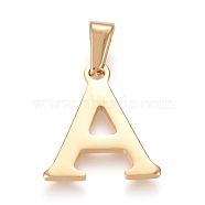 304 Stainless Steel Pendants, Golden, Initial Letter.A, 19x17x1.8mm, Hole: 3x7mm(STAS-F106-95G-A-01)
