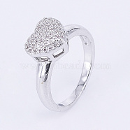 Brass Micro Pave Cubic Zirconia Finger Rings, Heart, Platinum, 16~19mm(RJEW-E145-59P)
