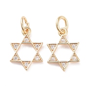 Brass Micro Pave Clear Cubic Zirconia Charms, with Jump Ring, Cadmium Free & Lead Free, Star of David, Real 14K Gold Plated, 12.5x9x1mm, Hole: 3mm(KK-G418-01G)