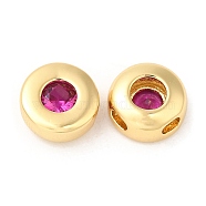 Brass Micro Pave Cubic Zirconia Beads, Flat Round, Real 18K Gold Plated, Hot Pink, 8x4mm, Hole: 1.5mm(ZIRC-Q202-18G-02)