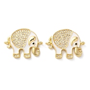 Rack Plating Brass Micro Pave Clear Cubic Zirconia Connector Charms, Elephant Links with Enamel, Lead Free & Cadmium Free, Real 18K Gold Plated, White, 16.5x20x3mm, Hole: 1.3mm(KK-C084-02G-03)