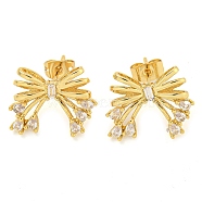 Bowknot Brass Micro Pave Cubic Zirconia Stud Earrings for Women, Real 18K Gold Plated, 15x18mm(EJEW-P275-05G)