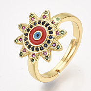Adjustable Brass Micro Pave Cubic Zirconia Finger Rings, with Enamel, Sun with Eye, Red, Size 7, 17mm(RJEW-S044-024A)