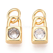 Brass Micro Pave Clear Cubic Zirconia Charms, with Jump Ring, Lock Charm, Real 18K Gold Plated, 9x5x3mm, Hole: 3.4mm(KK-E068-VB226)