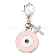 Alloy Enamel Pendant Decoration, with Alloy Clasp, Flat Round with Evil Eyes, Pink, 42mm(HJEW-JM01451-03)