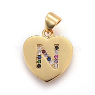 Brass Micro Pave Cubic Zirconia Pendants, Heart with Letter, Colorful, Letter.N, 17x15x1.5mm, Hole: 3.5x4.5mm(X-ZIRC-F093-57G-N)