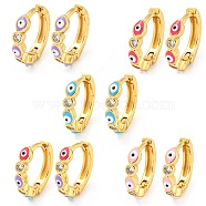 Evil Eye Real 18K Gold Plated Brass Hoop Earrings, with Enamel and Clear Cubic Zirconia, Mixed Color, 13.5x3mm(EJEW-L269-076G)