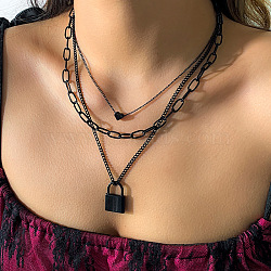 Punk Style Alloy 3 Layer Lock Pendant Necklaces for Women, Black, 15.75~19.69 inch(40~50cm)(WG28CE4-01)