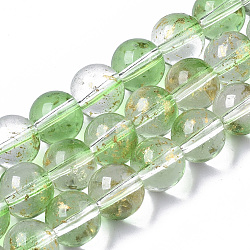 Transparent Spray Painted Glass Bead Strands, with Golden Foil, Round, Lime Green, 10~11mm, Hole: 1.4~1.6mm, about 39~42pcs/Strand, 14.84 inch~15.27 inch(37.7~38.8cm)(GLAA-N035-03D-B02)