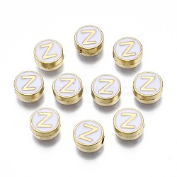 Alloy Enamel Beads, Cadmium Free & Lead Free, Light Gold, Flat Round with Alphabet, White, Letter.Z, 8x4mm, Hole: 1.5mm(ENAM-N052-006-01Z-RS)
