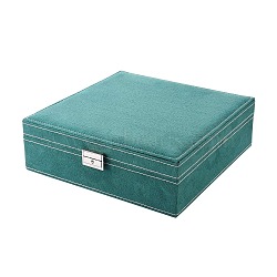 Velvet & Wood Jewelry Boxes, Portable Jewelry Storage Case, with Alloy Lock, for Ring Earrings Necklace, Rectangle, Sea Green, 26.4x26.6x8.3cm(VBOX-I001-03A)