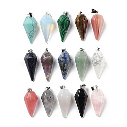 Natural & Synthetic Mixed Gemstone Pointed Pendants, Faceted Diamond Charms with Platinum Plated Iron Snap on Bails, 30.5~36x15.5x13mm, Hole: 6x3mm(G-P520-06P)