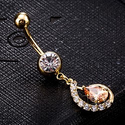 Piercing Jewelry, Brass Cubic Zirconia Navel Ring, Belly Rings, with 304 Stainless Steel Bar, Cadmium Free & Lead Free, Real 18K Gold Plated, teardrop, Orange, 42x12mm, Bar Length: 3/8"(10mm), Bar: 14 Gauge(1.6mm)(AJEW-EE0003-50C)