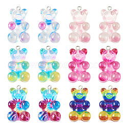 12Pcs 6 Colors Translucent Resin Pendants, Glitter Bear Charms, with Platinum Tone Iron Loops, Mixed Color, 32x19x8.5mm, Hole: 2mm, 2pcs/color(CRES-TA0001-21)