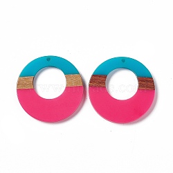 Opaque Resin & Walnut Wood Pendants, Ring Charms, Deep Pink, 38x3.5mm, Hole: 2mm(RESI-M027-03D)