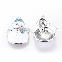 Alloy Enamel Pendants, Cadmium Free & Lead Free, Christmas Snowman, White, Platinum, about 25mm long, 17mm wide, 5mm thick, hole: 2mm(EA796Y)