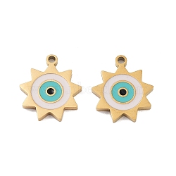 Ion Plating(IP) 316 Surgical Stainless Steel Charms, with Enamel, Sun with Evil Eye Charm, Real 18K Gold Plated, White, 14x12x1.5mm, Hole: 1mm(STAS-U014-54G-02)