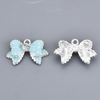 Alloy Enamel Pendants, with Rhinestone, Bowknot, Silver Color Plated, Light Cyan, 16x25x5mm, Hole: 1.5mm