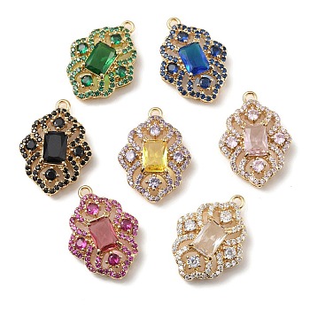 Brass with K9 Glass & Rhinestone Pendants, Light Gold, Flower Charms, Mixed Color, 22x15.5x5.5mm, Hole: 1.5mm
