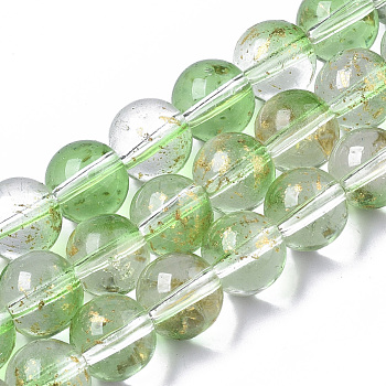 Transparent Spray Painted Glass Bead Strands, with Golden Foil, Round, Lime Green, 10~11mm, Hole: 1.4~1.6mm, about 39~42pcs/Strand, 14.84 inch~15.27 inch(37.7~38.8cm)