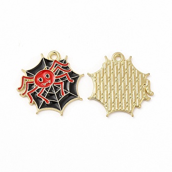 Rack Plating Halloween Alloy Enamel Pendants, Cadmium Free & Nickel Free & Lead Free, Spider Web with Spider, Light Gold, Red, 20.5x20.5x1.5mm, Hole: 1.6mm