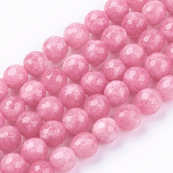 Natural Jade Bead Strands, Dyed, Faceted, Round, Pearl Pink, 8mm, Hole: 1mm, 48pcs/strand, 14.5~14.9 inch