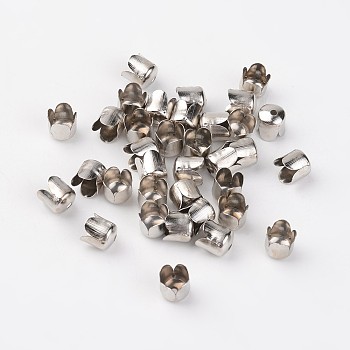 Iron Bead Caps, Flower, 4-Petal, Platinum, about 6.5mm in diameter, 7mm thick, hole: 1mm