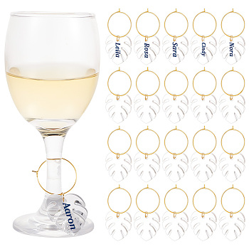 Transparent Acrylic Leaf Wine Glass Charms, with Brass Hoop Earring Findings, Clear, 58mm, 24pcs/set