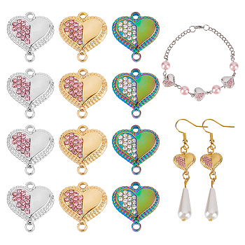 12Pcs 3 Colros 304 Stainless Steel Rhinestone Connector Charms, Heart, Mixed Color, 14x13x3mm, 4pcs/color