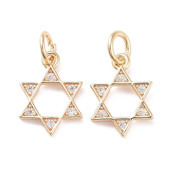 Brass Micro Pave Clear Cubic Zirconia Charms, with Jump Ring, Cadmium Free & Lead Free, Star of David, Real 14K Gold Plated, 12.5x9x1mm, Hole: 3mm
