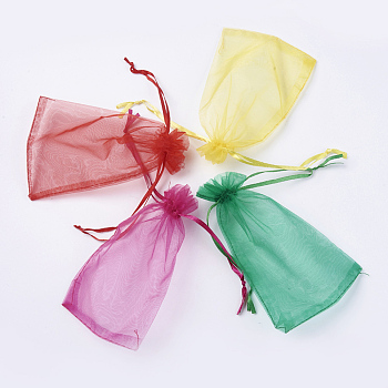 4 Colors Organza Bags, with Ribbons, Rectangle, Red/Medium Violet Red/Green/Yellow, Mixed Color, 15~15.5x9.5~10cm, 25pcs/color, 100pcs/set