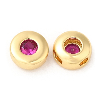 Brass Micro Pave Cubic Zirconia Beads, Flat Round, Real 18K Gold Plated, Hot Pink, 8x4mm, Hole: 1.5mm