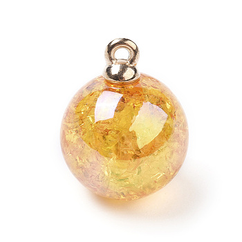 Transparent Crackle Acrylic Pendants, with Golden Plated Metal Findings, Round, Gold, 20.5x16mm, Hole: 1.2mm